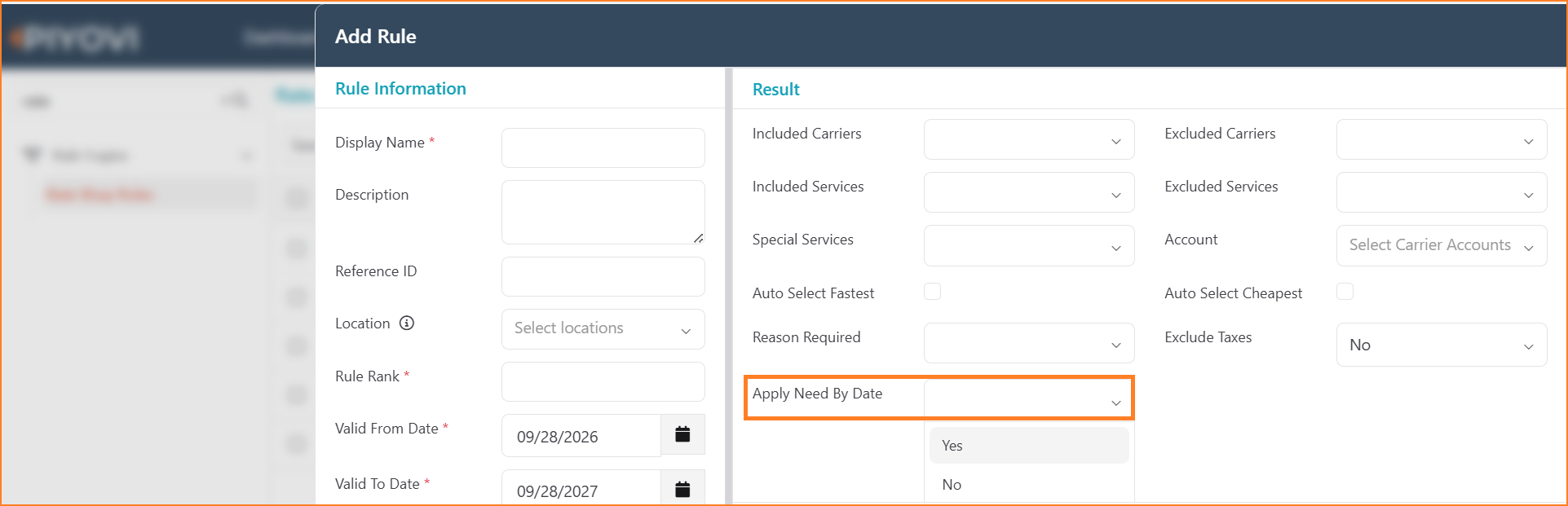 Add Rule dialog with the Apply Need By Date dropdown open in the Result section, showing Yes and No